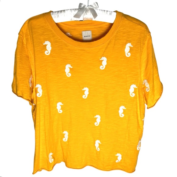 Anthropologie MAEVE ☀️ The Caitlin Embroidered Sea Horse Orange Boxy Tee - Picture 3 of 8